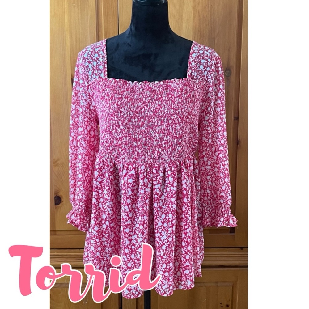 NWT Torrid Pink & White Smocked Blouse